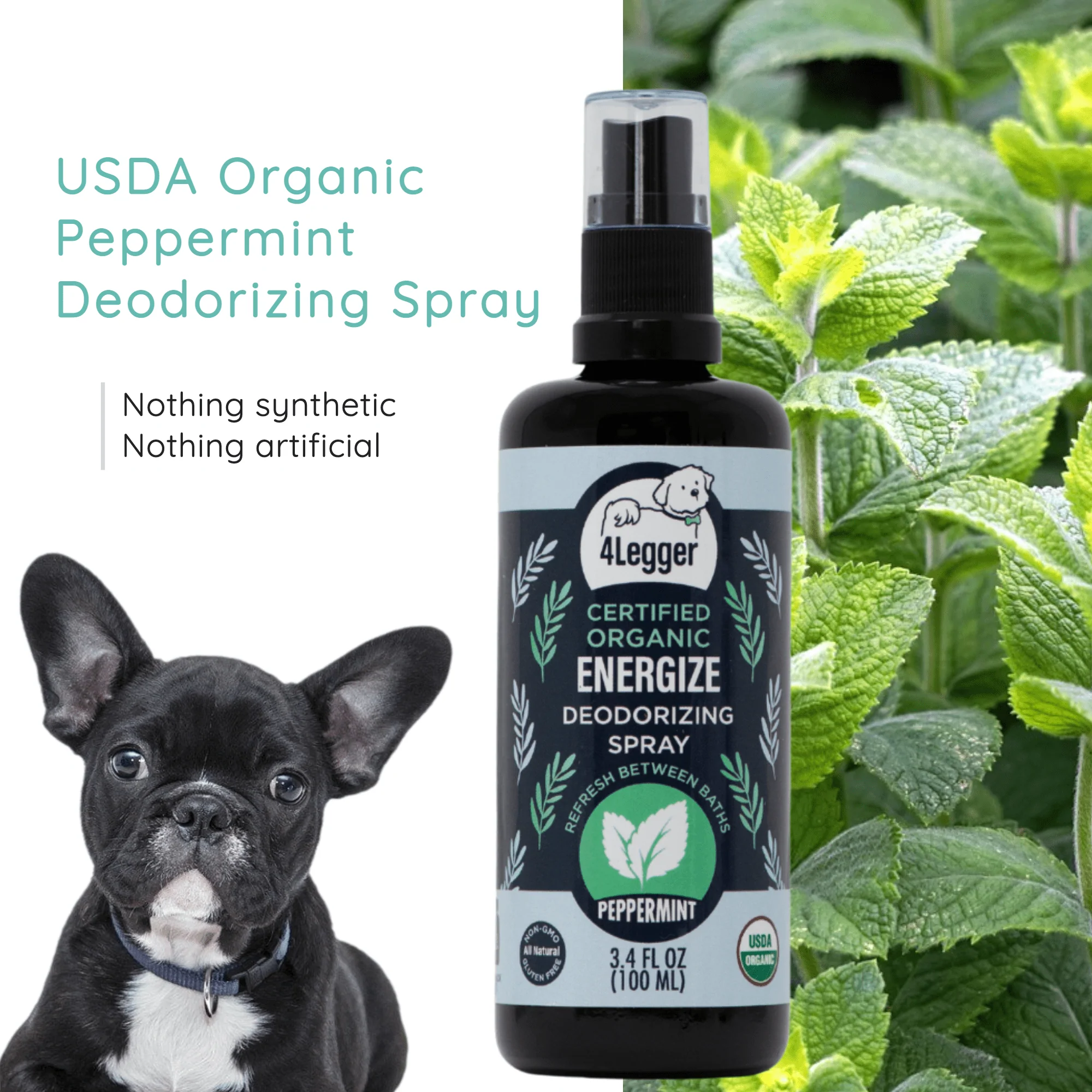 4Legger Energize, Peppermint USDA Certified Organic Deodorizing Spray for Dogs (3.4oz) | Holistic Grooming Essentials for Dogs