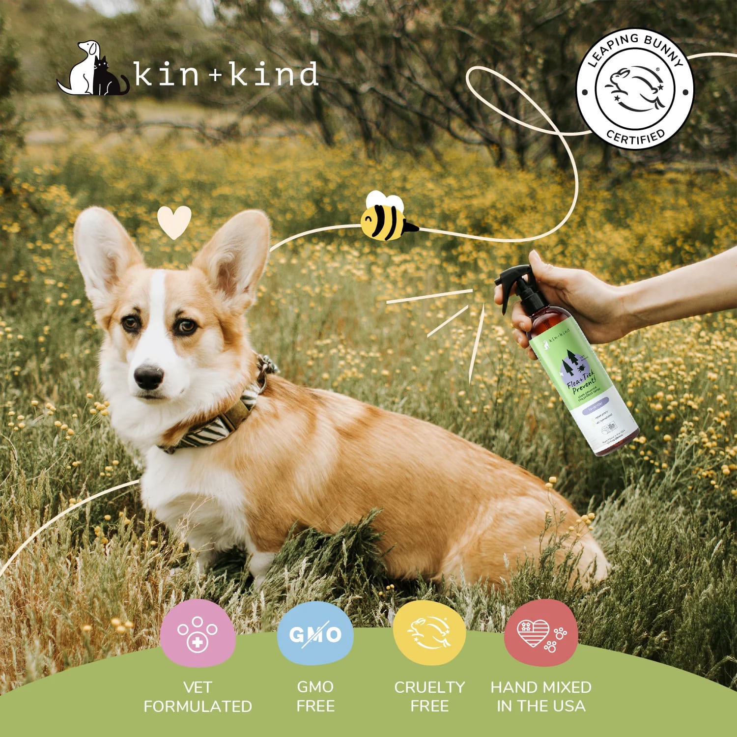 Kin & Kind Flea Tick Protect Spray - Lavender | Anti-Flea, Tick & Mosquito Spray For Dogs | Natural Pet Grooming Essentials
