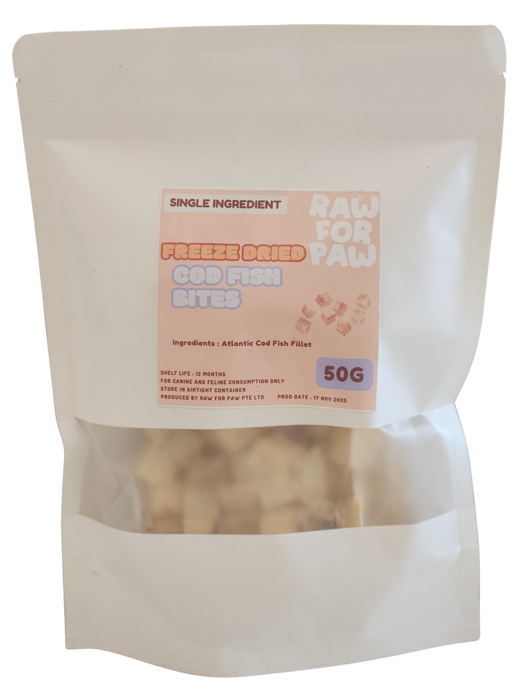 Raw for Paw Freeze Dried Wild-Caught Cod Fish Bites 50g | Freeze-Dried Treats Whole Food Toppers For Dogs and Cats | Premium Pet Treats