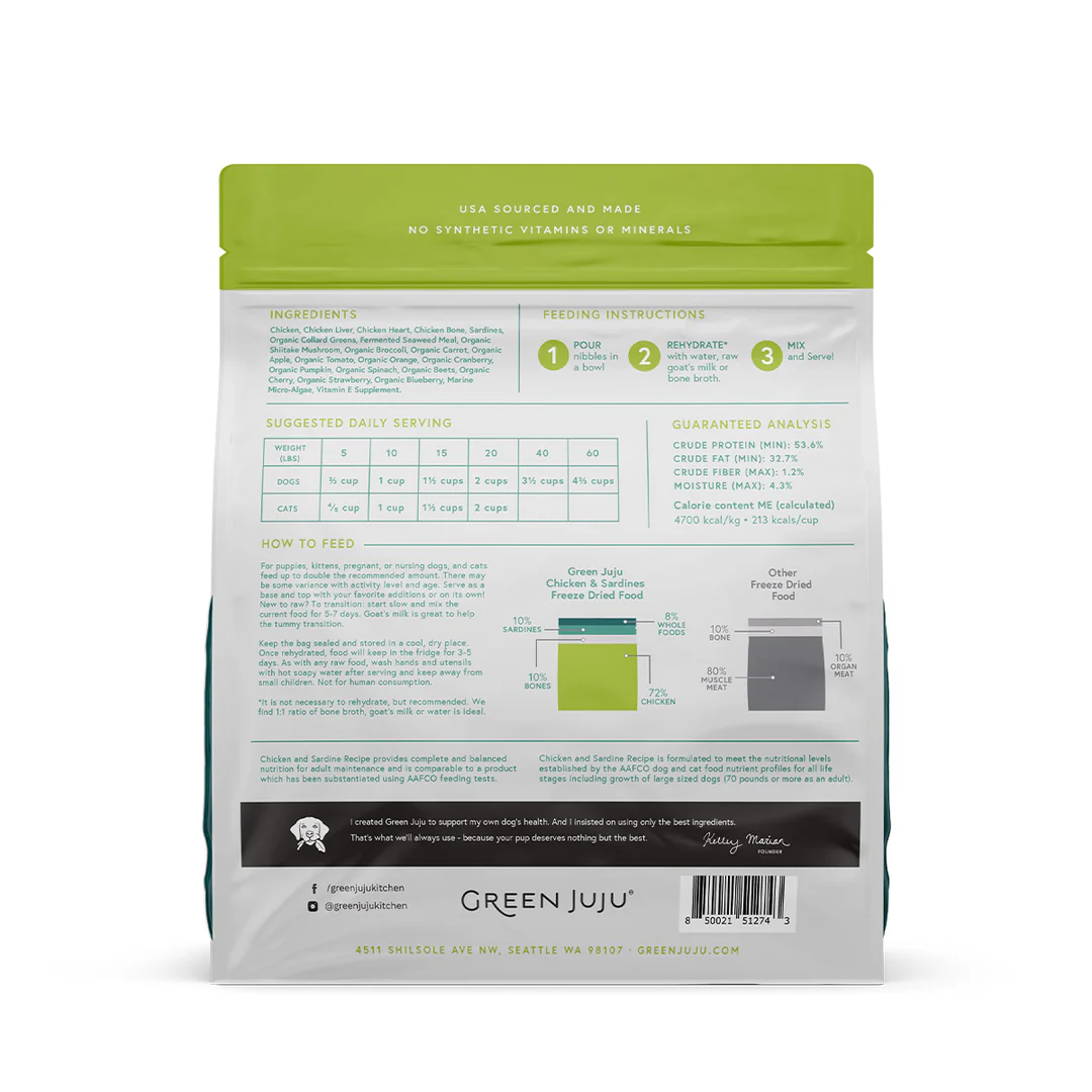 Green Juju Chicken and Sardine (14oz) Freeze Dried Raw Omega 3 Limited Ingredient Diet for Dogs and Cats