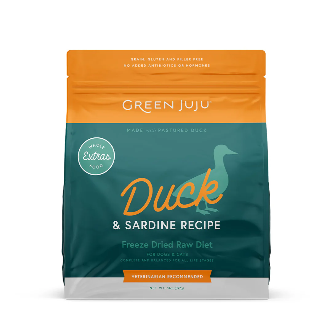 Green Juju Duck and Sardine (14oz) Freeze Dried Raw Allergy Sensitive Omega 3 Diet for Dogs and Cats