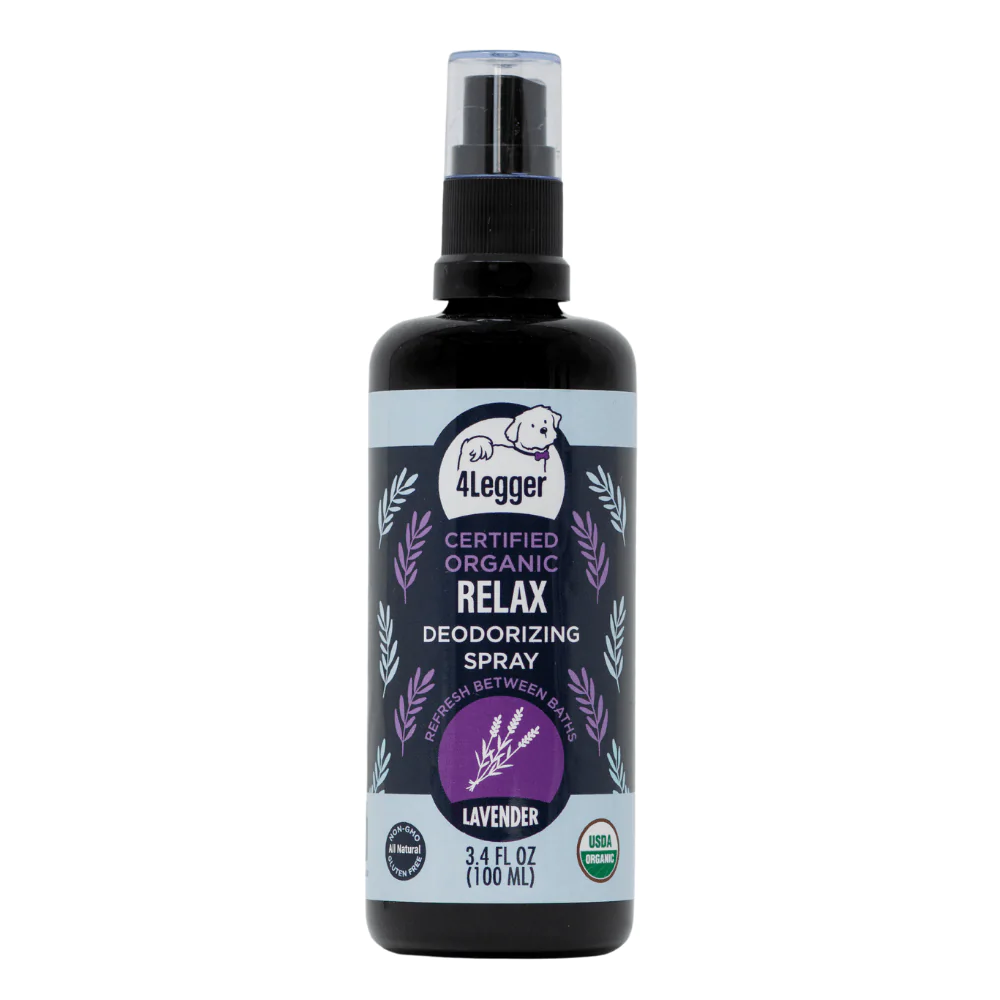 4Legger Relax, Lavender USDA Certified Organic Deodorizing Spray for Dogs (3.4oz) | Holistic Grooming Essentials for Dogs