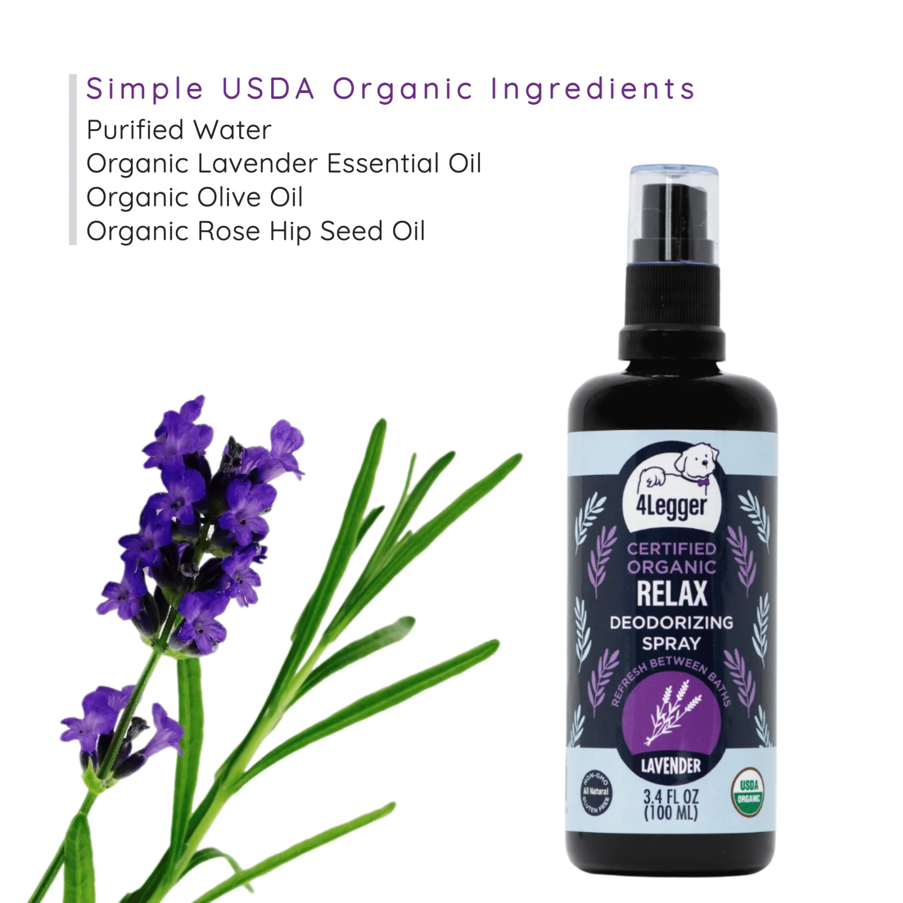 4Legger Relax, Lavender USDA Certified Organic Deodorizing Spray for Dogs (3.4oz) | Holistic Grooming Essentials for Dogs