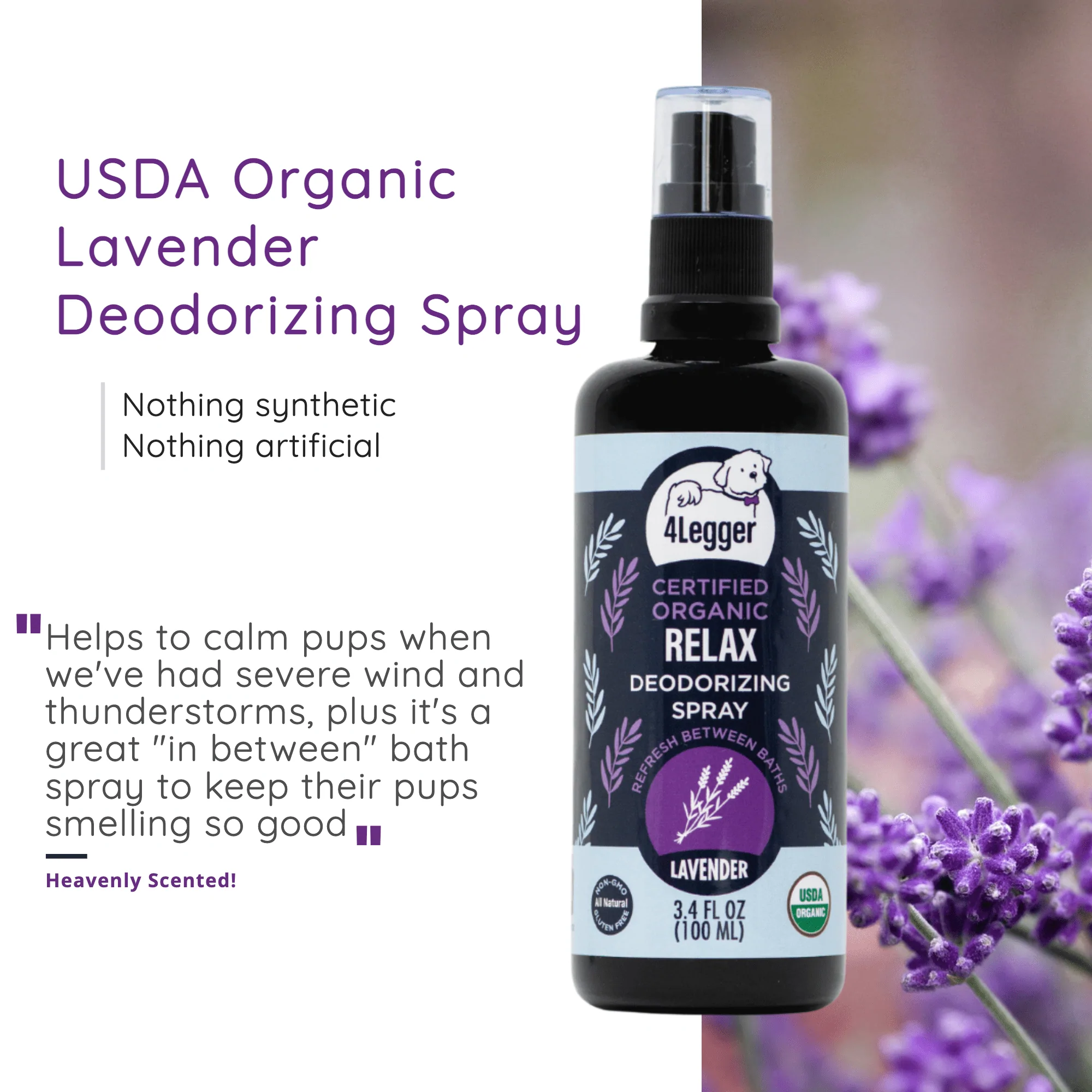 4Legger Relax, Lavender USDA Certified Organic Deodorizing Spray for Dogs (3.4oz) | Holistic Grooming Essentials for Dogs