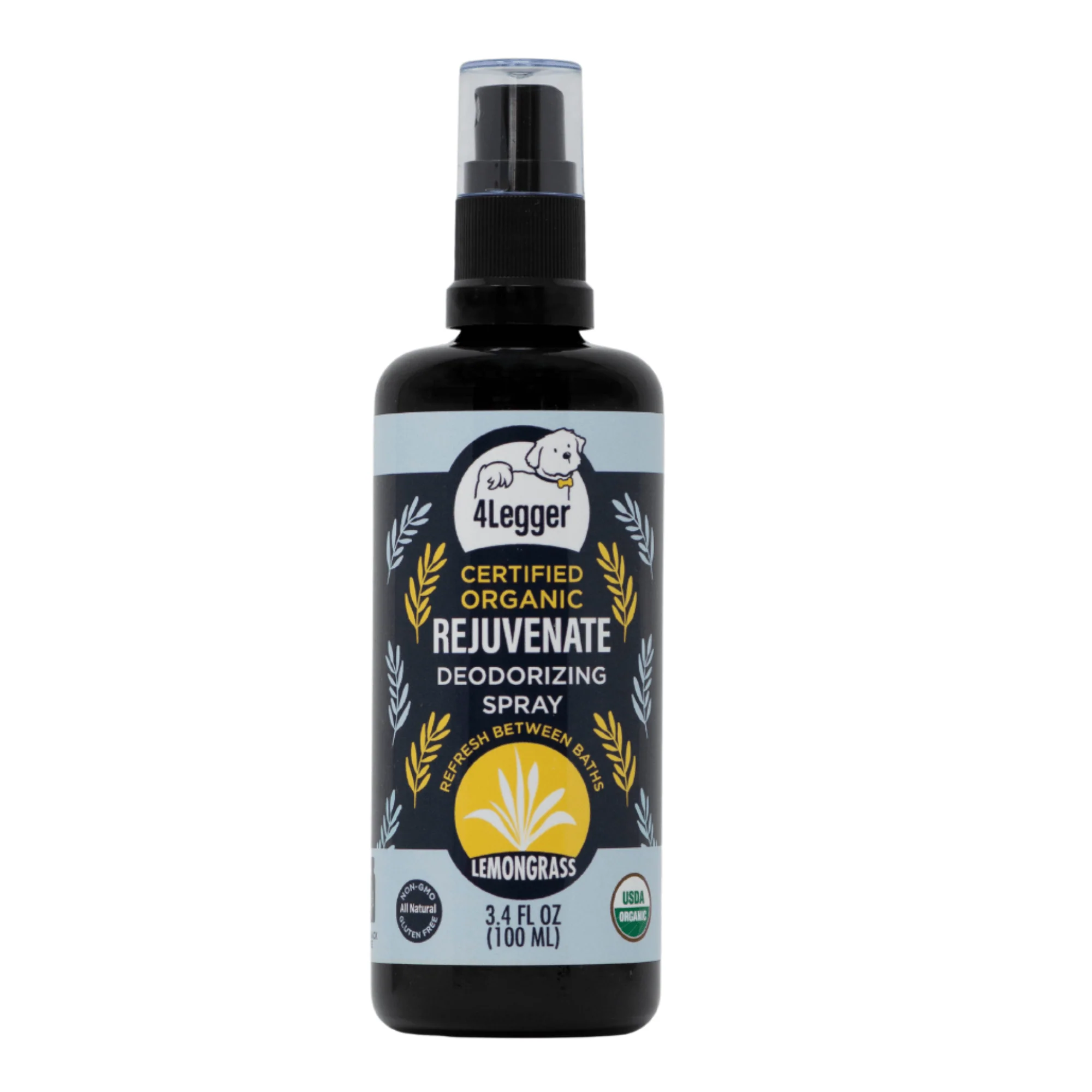 4Legger Rejuvenate, Lemongrass USDA Certified Organic Deodorizing Spray for Dogs (3.4oz) | Holistic Grooming Essentials for Dogs
