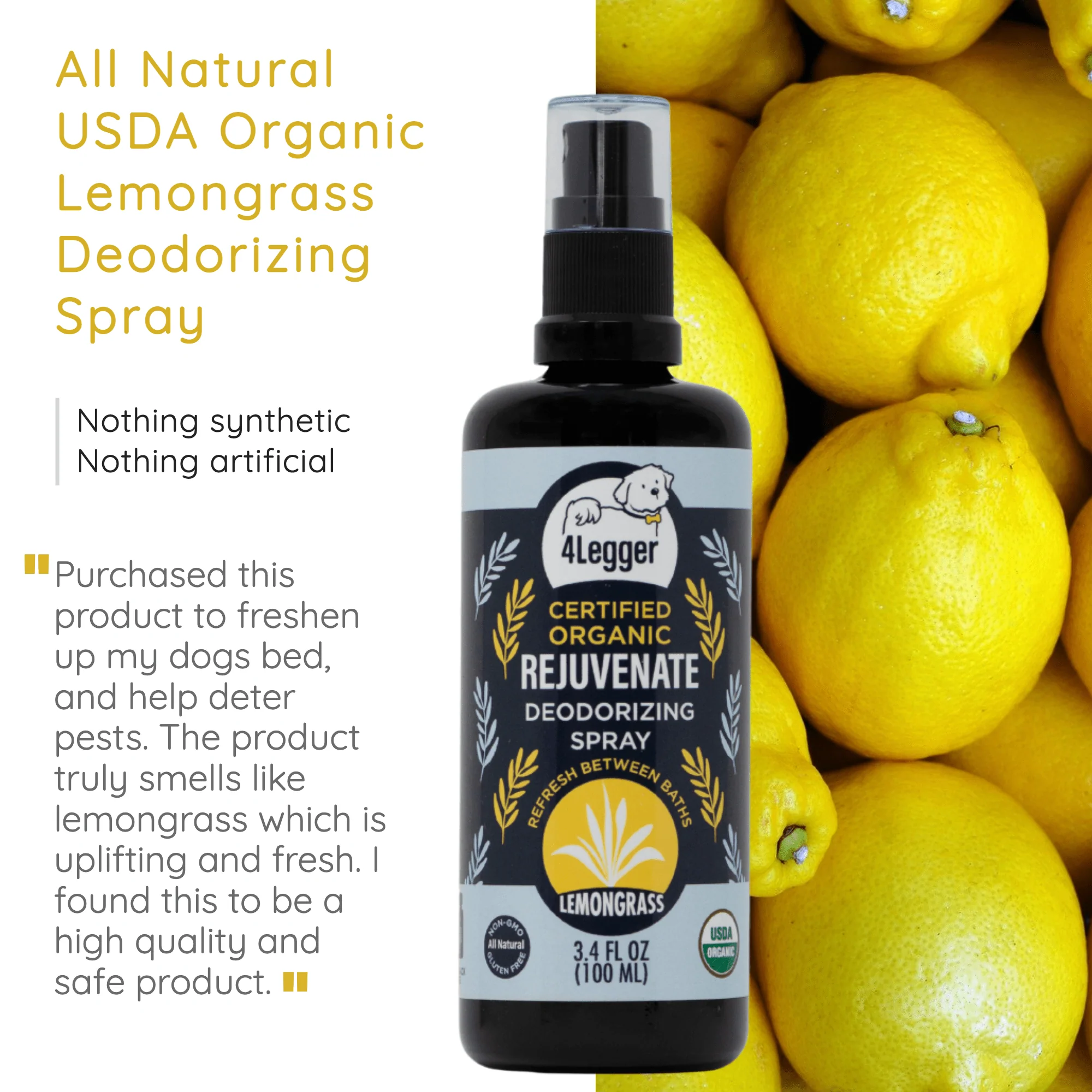 4Legger Rejuvenate, Lemongrass USDA Certified Organic Deodorizing Spray for Dogs (3.4oz) | Holistic Grooming Essentials for Dogs