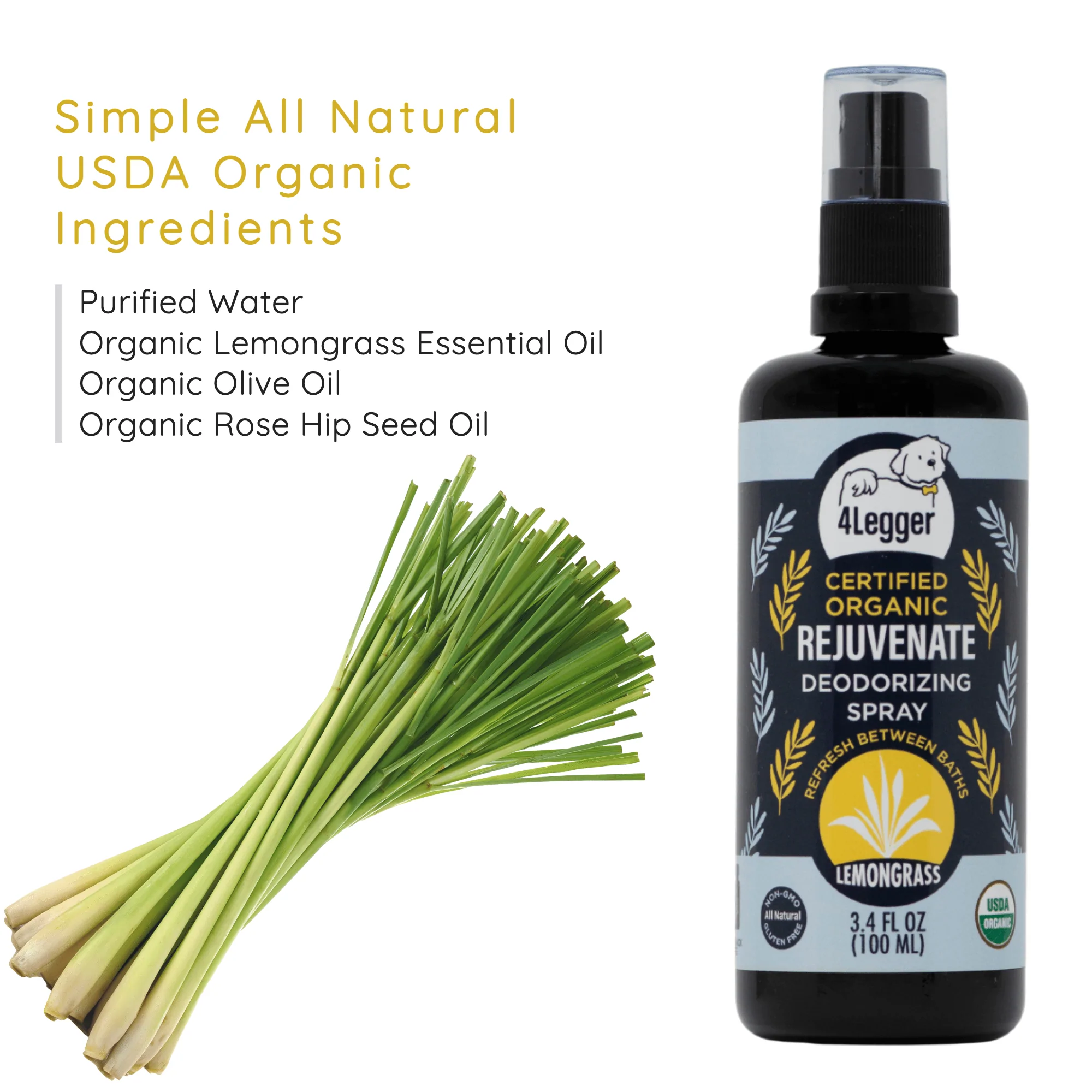 4Legger Rejuvenate, Lemongrass USDA Certified Organic Deodorizing Spray for Dogs (3.4oz) | Holistic Grooming Essentials for Dogs