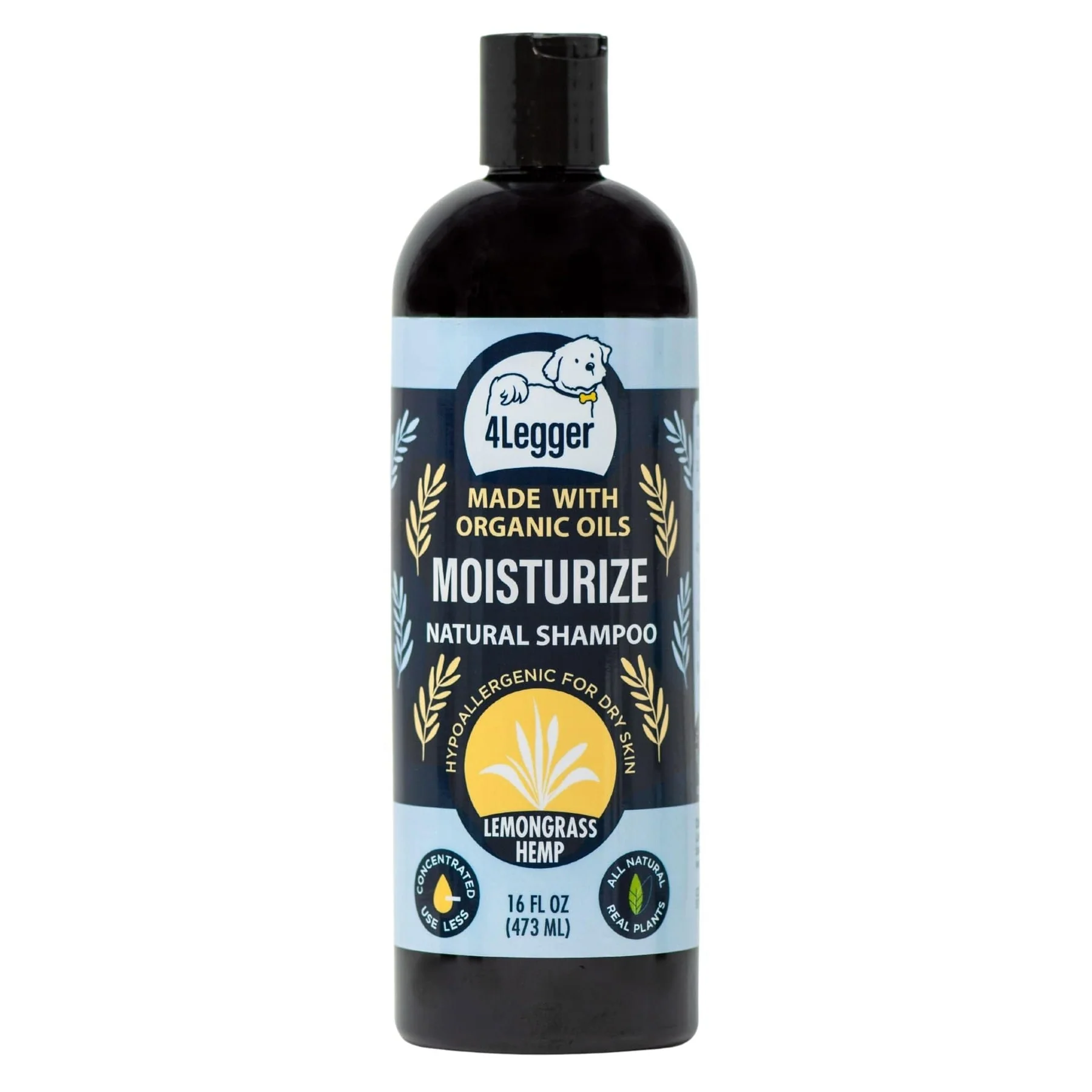 4Legger Moisturize, Lemongrass Hypoallergenic USDA Certified Organic Shampoo (8oz) | Dry, Dandruff Shampoo for Dogs and Cats