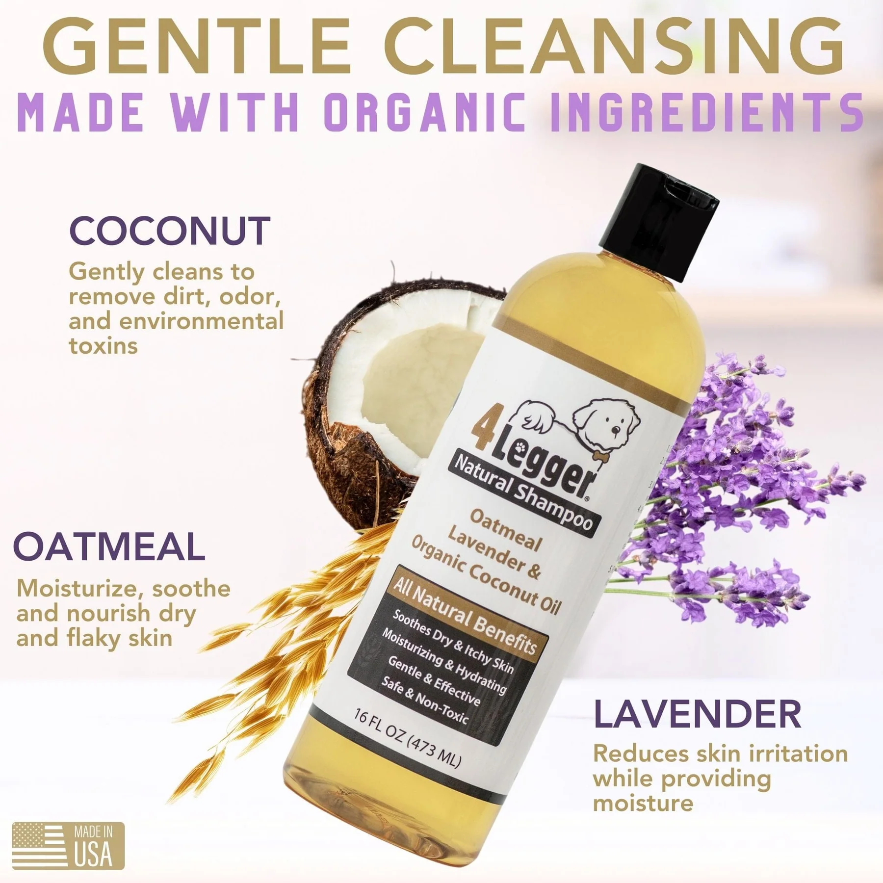 4Legger Oatmeal Lavender Organic Food Standard Shampoo (16oz) | Itchy, Irritated Skin Shampoo for Dogs