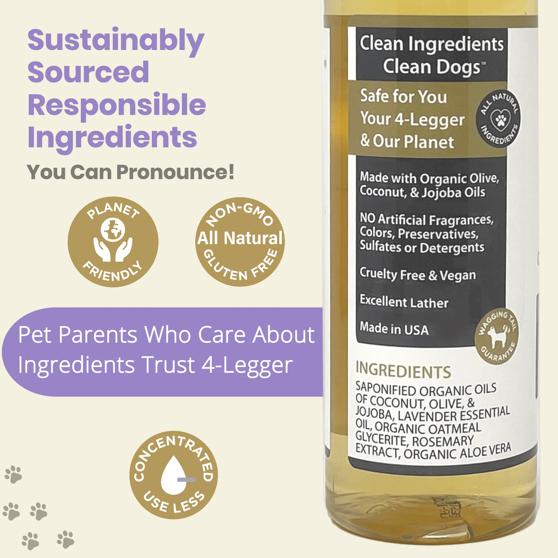 4Legger Oatmeal Lavender Organic Food Standard Shampoo (16oz) | Itchy, Irritated Skin Shampoo for Dogs
