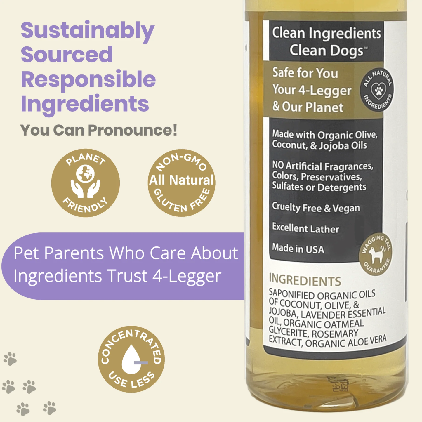 4Legger Oatmeal Lavender Organic Food Standard Shampoo (16oz) | Itchy, Irritated Skin Shampoo for Dogs
