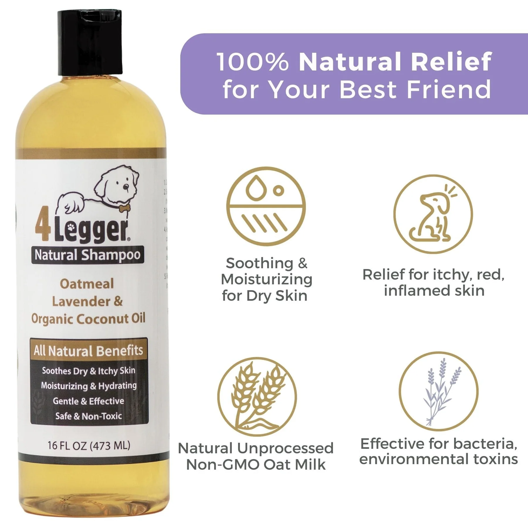 4Legger Oatmeal Lavender Organic Food Standard Shampoo (16oz) | Itchy, Irritated Skin Shampoo for Dogs
