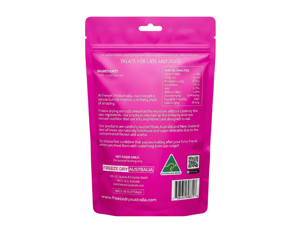 Freeze Dry Australia Quail Backs (80g) Freeze Dried Raw Meaty Bone Dental Chew Treat for Dogs and Cats