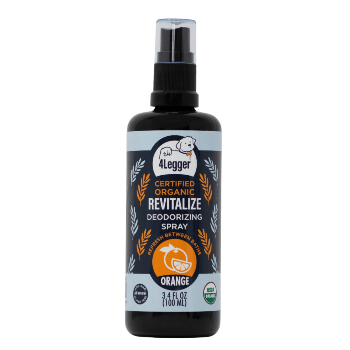 4Legger Revitalize, Sweet Orange USDA Certified Organic Deodorizing Spray for Dogs (3.4oz) | Holistic Grooming Essentials for Dogs