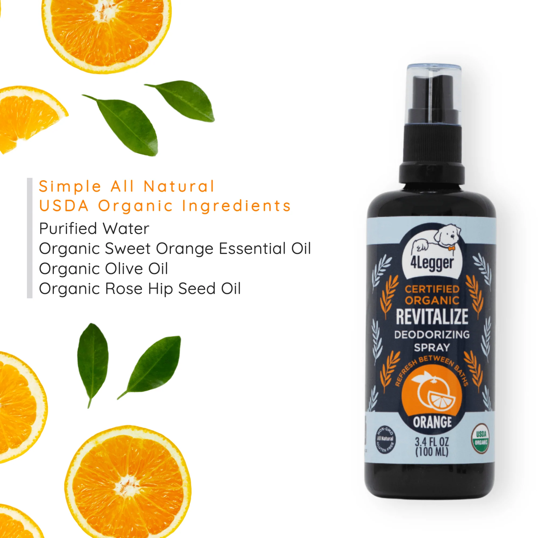 4Legger Revitalize, Sweet Orange USDA Certified Organic Deodorizing Spray for Dogs (3.4oz) | Holistic Grooming Essentials for Dogs