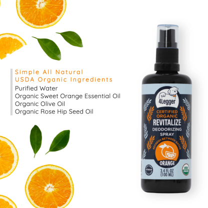 4Legger Revitalize, Sweet Orange USDA Certified Organic Deodorizing Spray for Dogs (3.4oz) | Holistic Grooming Essentials for Dogs