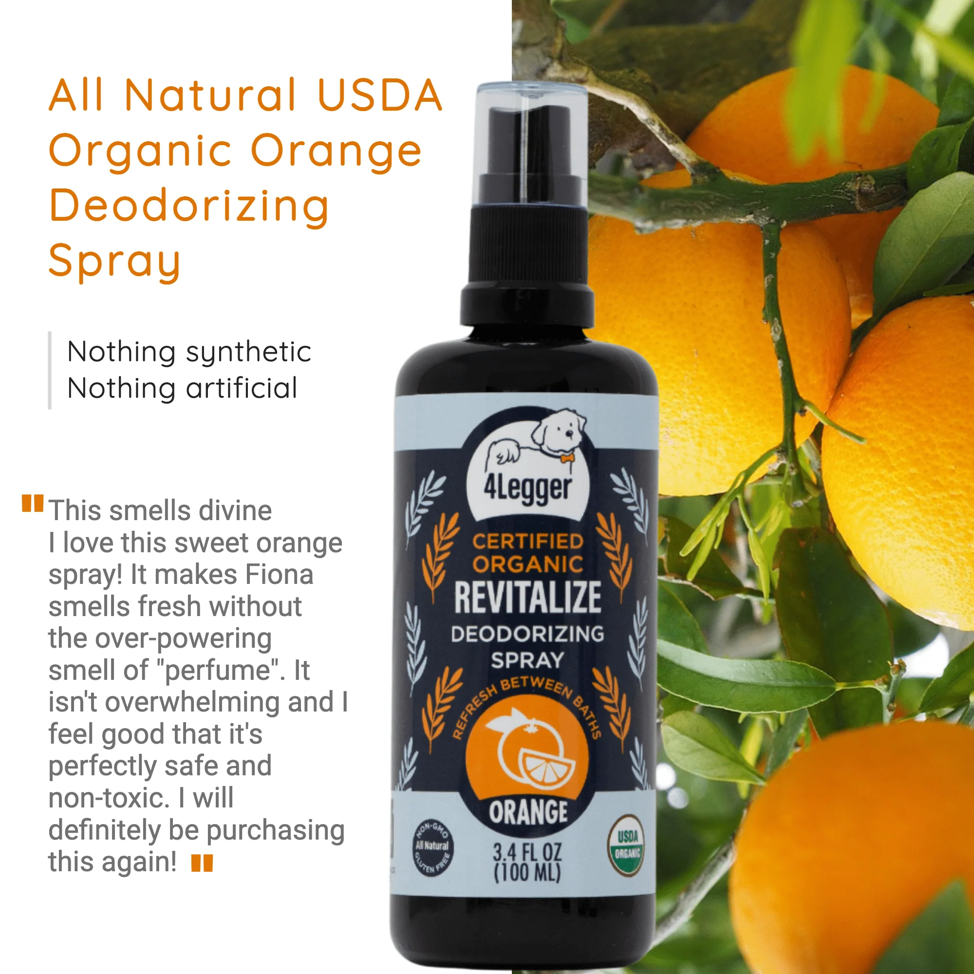 4Legger Revitalize, Sweet Orange USDA Certified Organic Deodorizing Spray for Dogs (3.4oz) | Holistic Grooming Essentials for Dogs