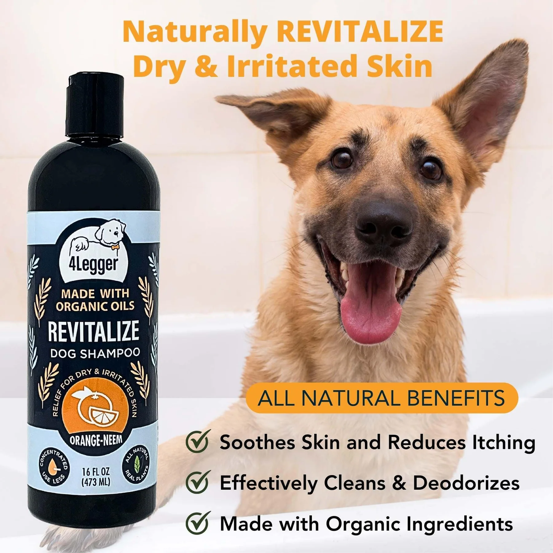 4Legger Revitalize, Neem Anti-Flea USDA Certified Organic Shampoo (8oz) | Flea Dermatitis, Irritated Skin Shampoo for Dogs