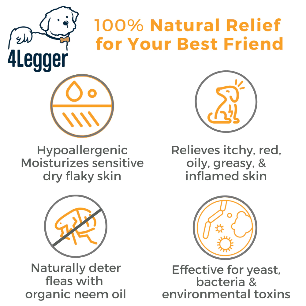 4Legger Revitalize, Neem Anti-Flea USDA Certified Organic Shampoo (8oz) | Flea Dermatitis, Irritated Skin Shampoo for Dogs