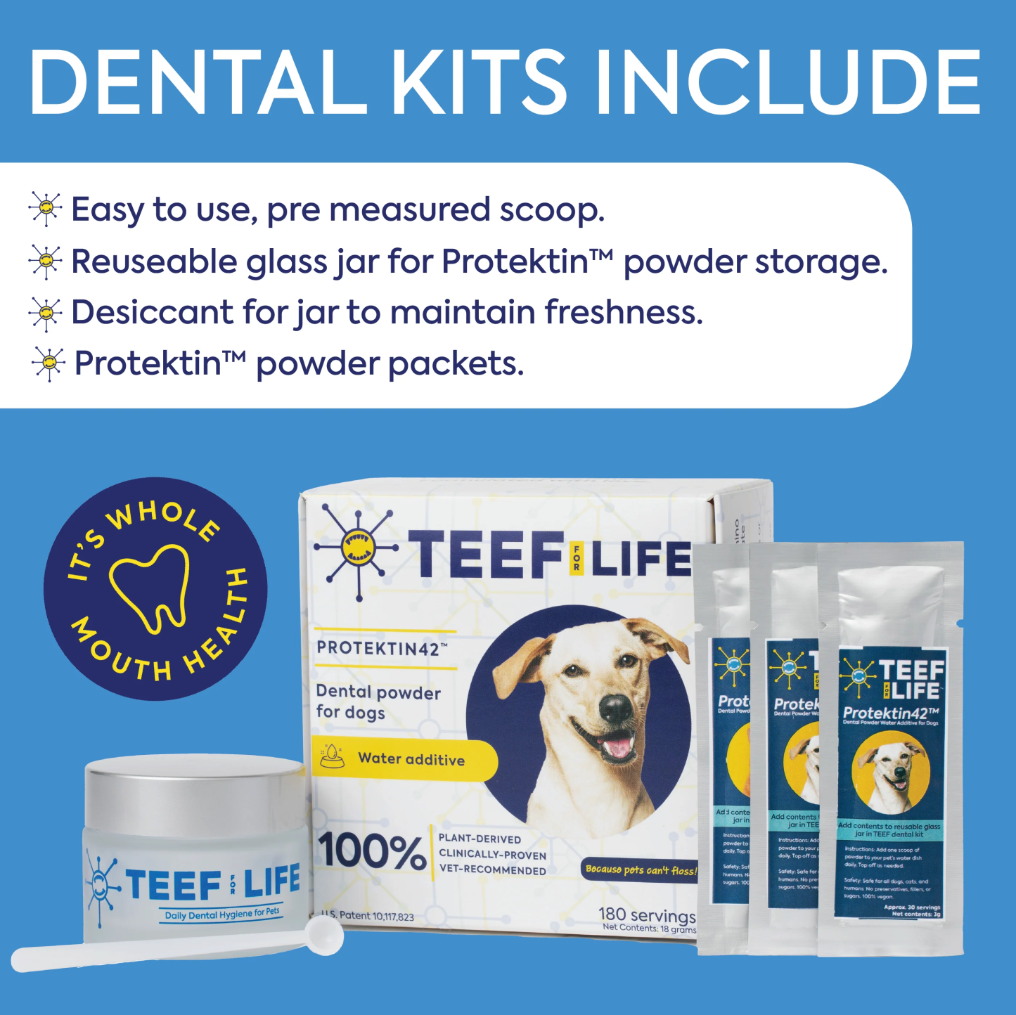 TEEF for Life Protektin42 Plus K Dental Kit Prebiotic Powder Plaque Tartar Oral Health No Brushing for Dogs and Cats