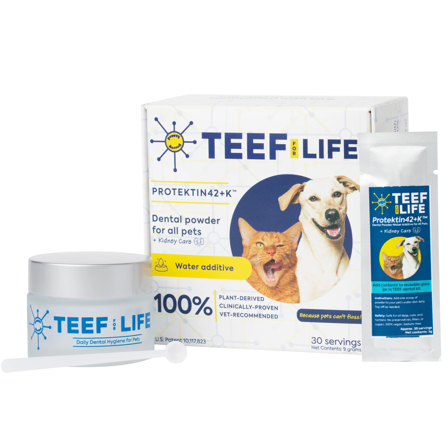 TEEF for Life Protektin42 Plus K Dental Kit Prebiotic Powder Plaque Tartar Oral Health No Brushing for Dogs and Cats