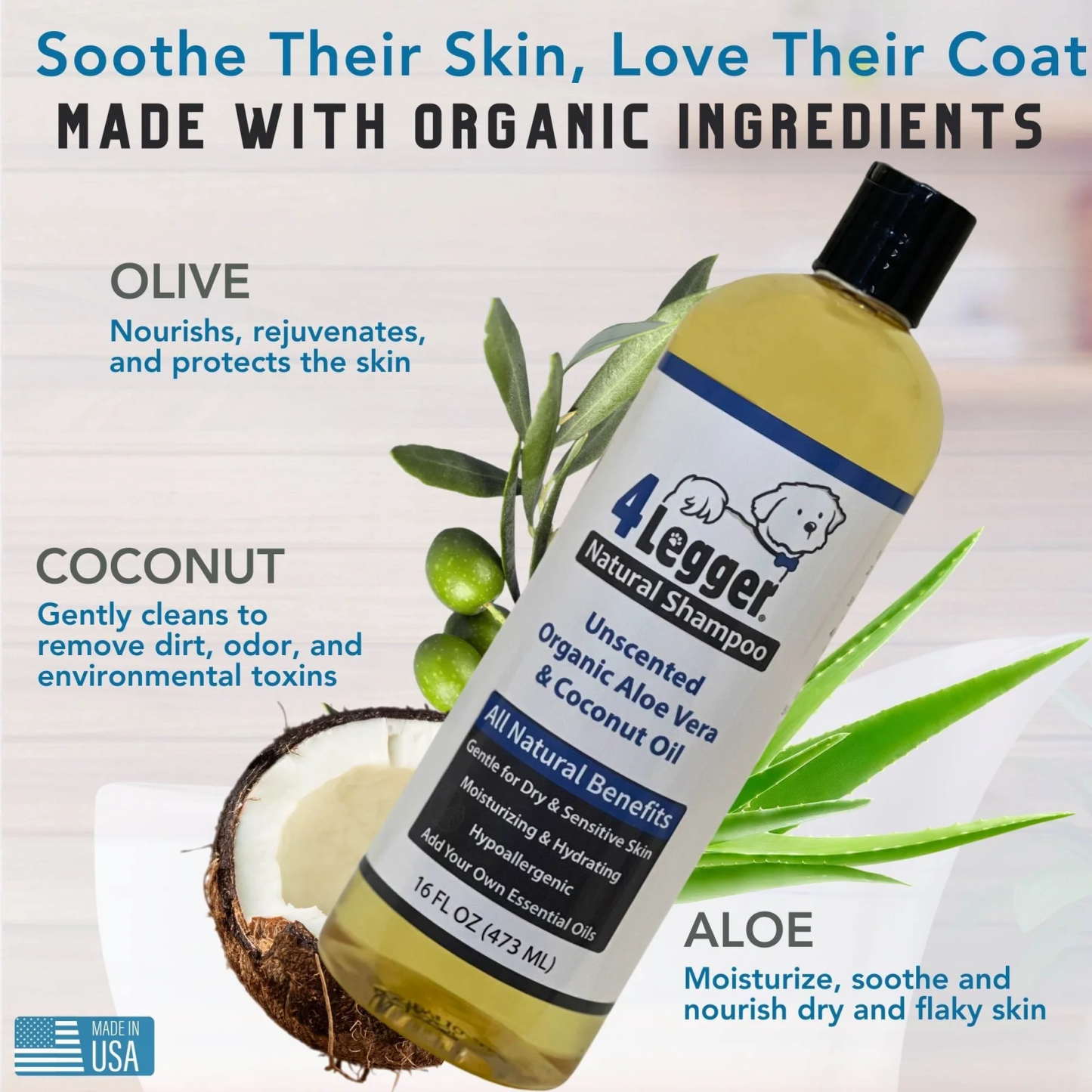 4Legger Unscented Aloe Vera Hypoallergenic Organic Food Standard Shampoo (16oz) | Ultra-Sensitive, Dry, Inflamed Skin Shampoo for Dogs and Cats
