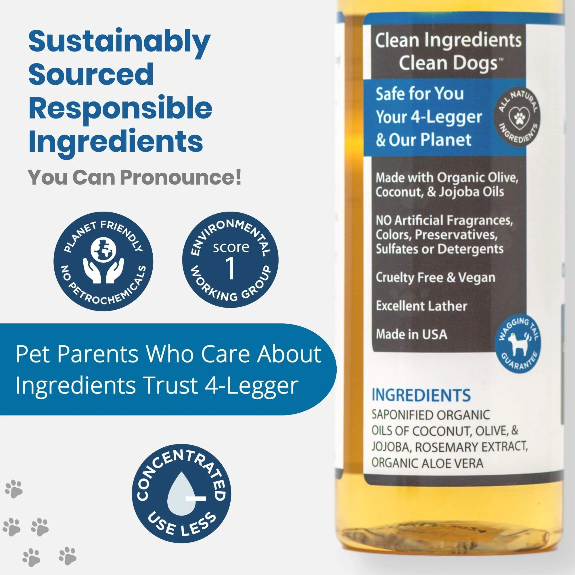 4Legger Unscented Aloe Vera Hypoallergenic Organic Food Standard Shampoo (16oz) | Ultra-Sensitive, Dry, Inflamed Skin Shampoo for Dogs and Cats