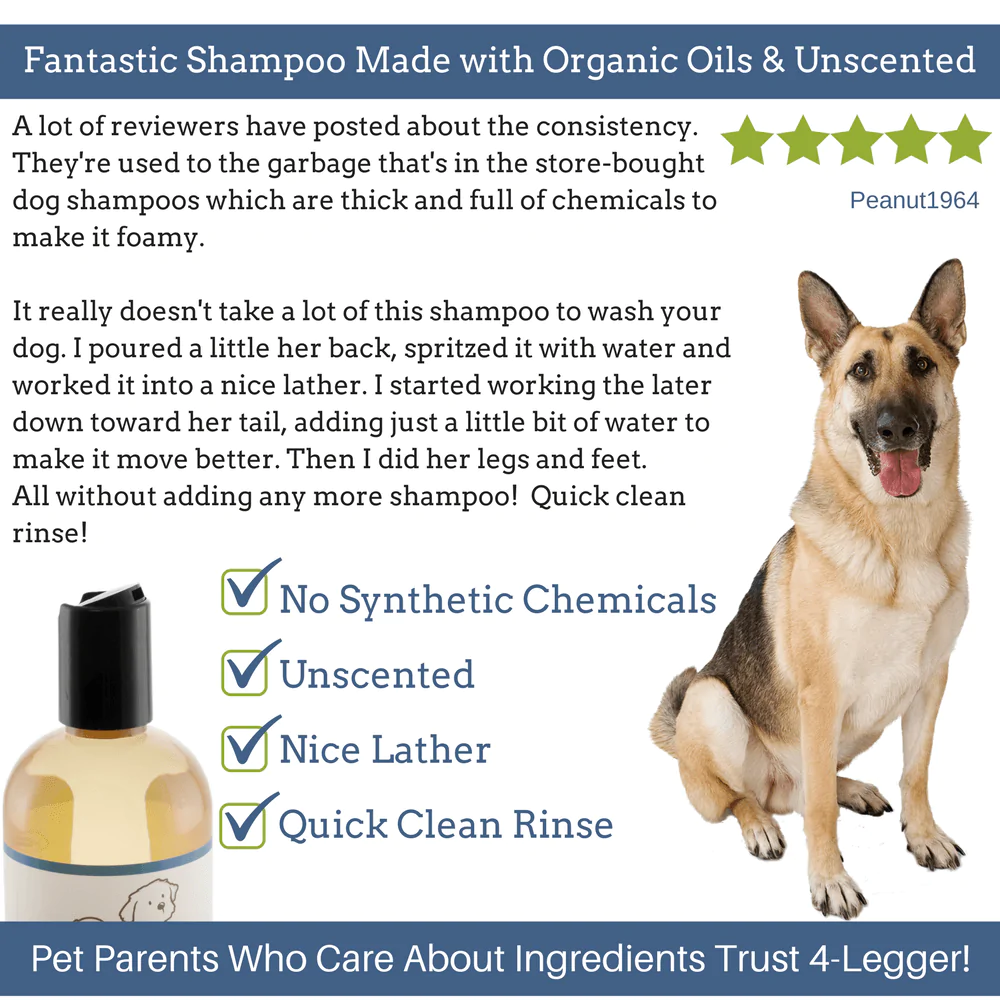 4Legger Unscented Aloe Vera Hypoallergenic Organic Food Standard Shampoo (16oz) | Ultra-Sensitive, Dry, Inflamed Skin Shampoo for Dogs and Cats