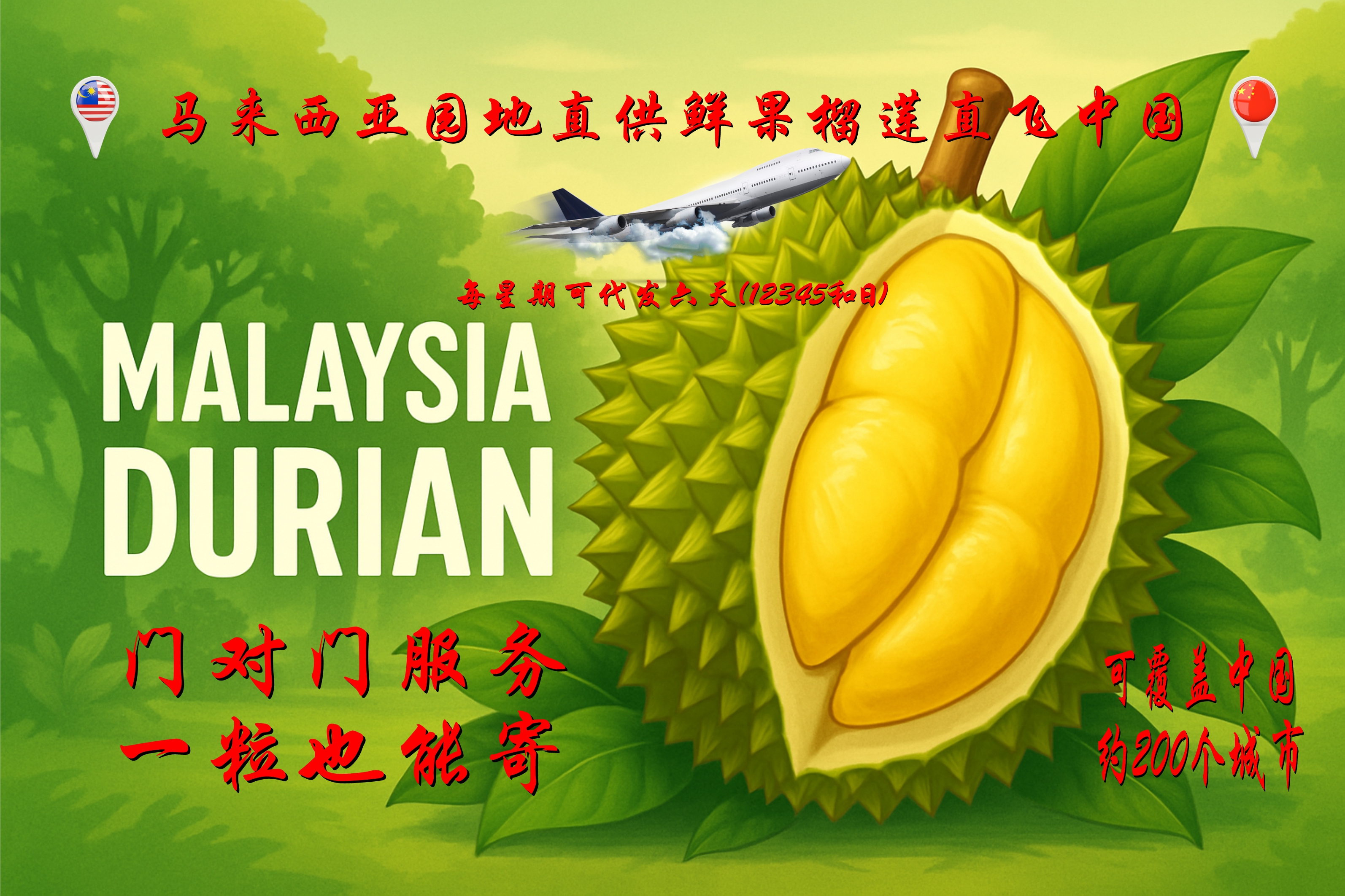 Malaysia Whole Musang King Fresh Durian 1.0-1.5kg/pc,2.5kg/box Ship to China 马来猫山王新鲜榴莲整颗1-1.5公斤/粒,2.5公斤/箱直邮到中国