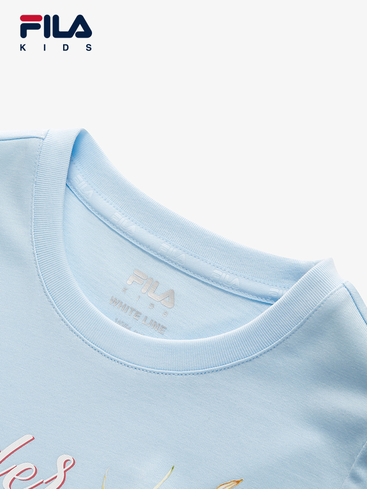 (130 - 165cm) FILA KIDS WHITE LINE Girl's Short Sleeve T-Shirt in Light Blue
