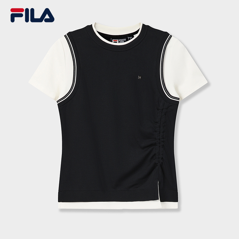 FILA CORE Women WHITE Knitted Short Sleeve Top NAVY