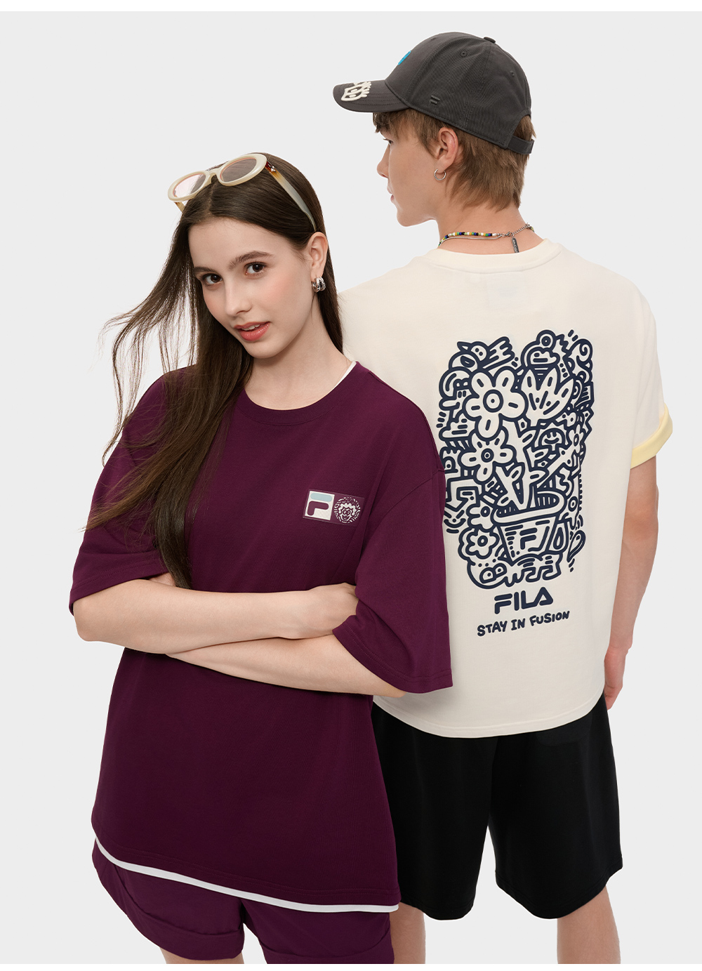 FILA FUSION  FUSION X MR DOODLE Unisex Short Sleeve T-shirt (Pink / Purple / White / Yellow)