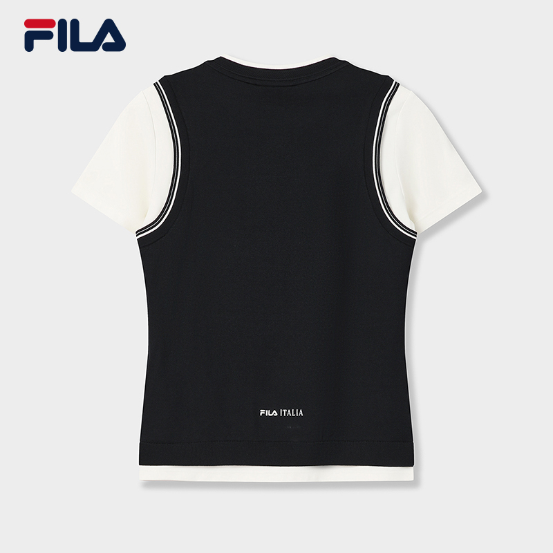 FILA CORE Women WHITE Knitted Short Sleeve Top NAVY