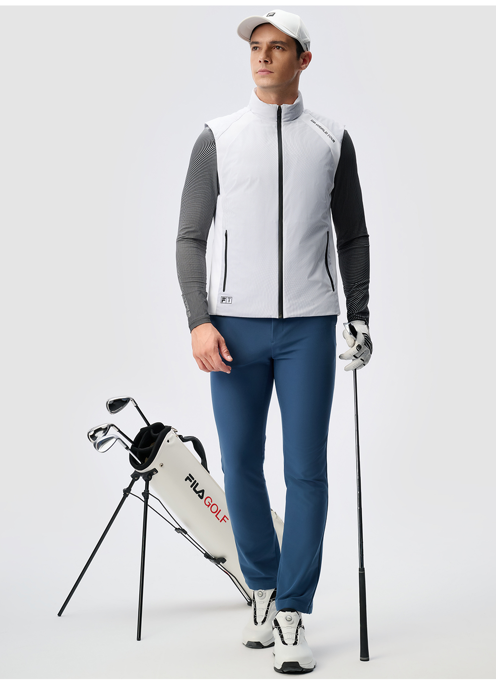 FILA CORE ATHLETICS GOLF DP WORLD TOUR MONOGRAM STRIPE Men Down Jacket Vest (White)