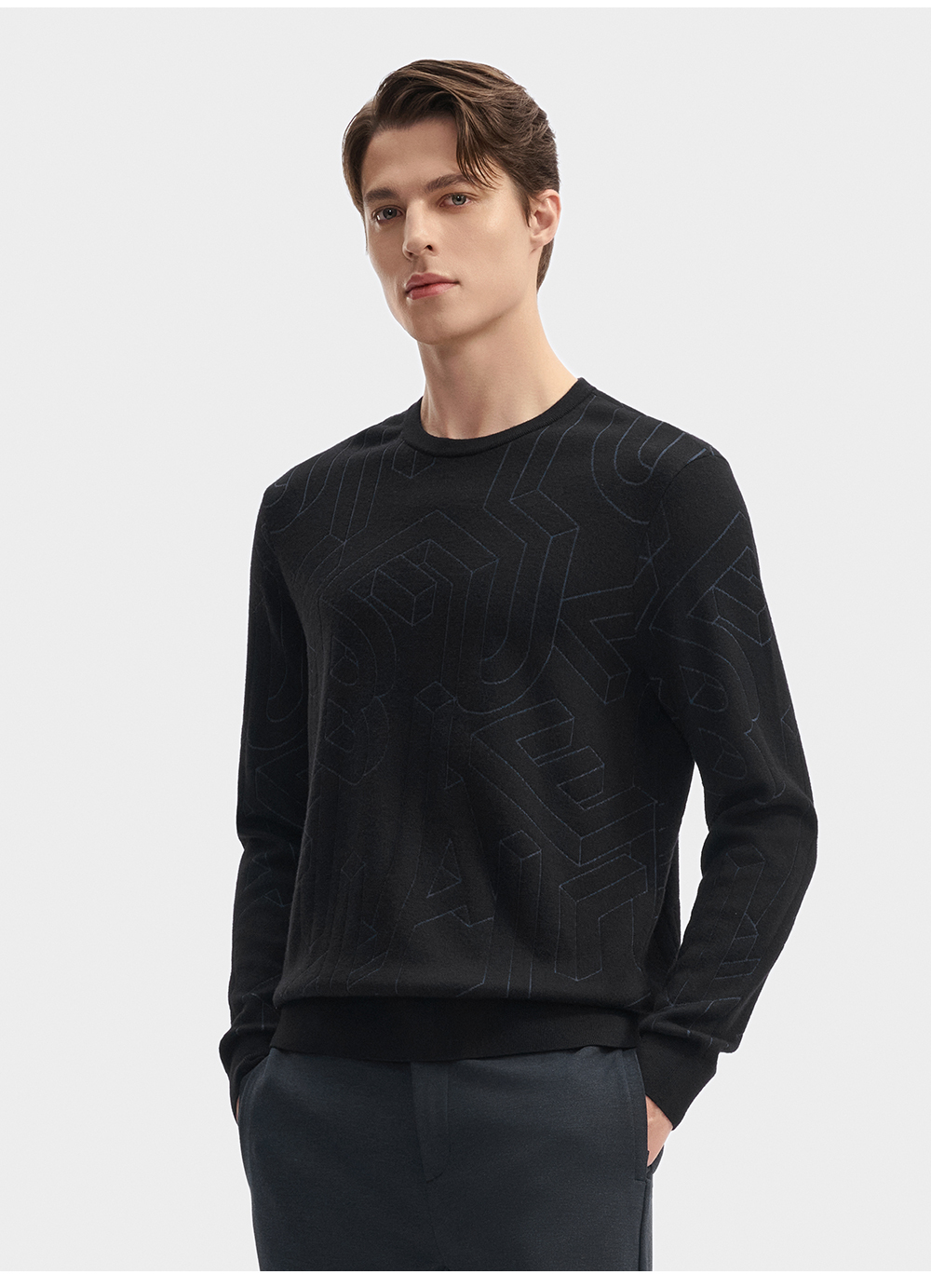 FILA CORE LIFESTYLE BLUE GEOMETRIC SNOW ART Men Knit Sweater (Black)