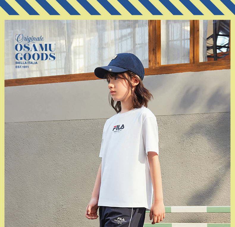 (130 - 170cm) FILA KIDS x OSAMU GOODS Boys Short Sleeve T-Shirt in White/Navy/Turquoise
