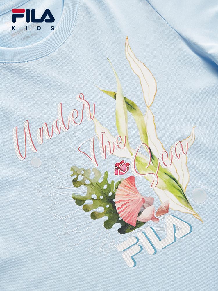 (130 - 165cm) FILA KIDS WHITE LINE Girl's Short Sleeve T-Shirt in Light Blue