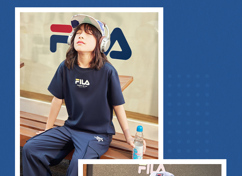(130 - 170cm) FILA KIDS x OSAMU GOODS Boys Short Sleeve T-Shirt in White/Navy/Turquoise