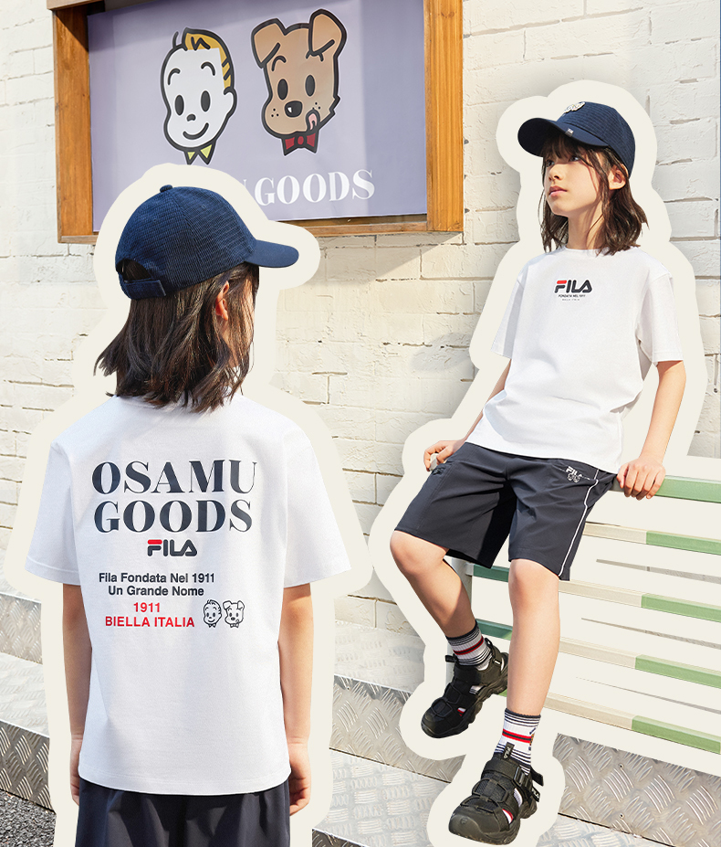 (130 - 170cm) FILA KIDS x OSAMU GOODS Boys Short Sleeve T-Shirt in White/Navy/Turquoise