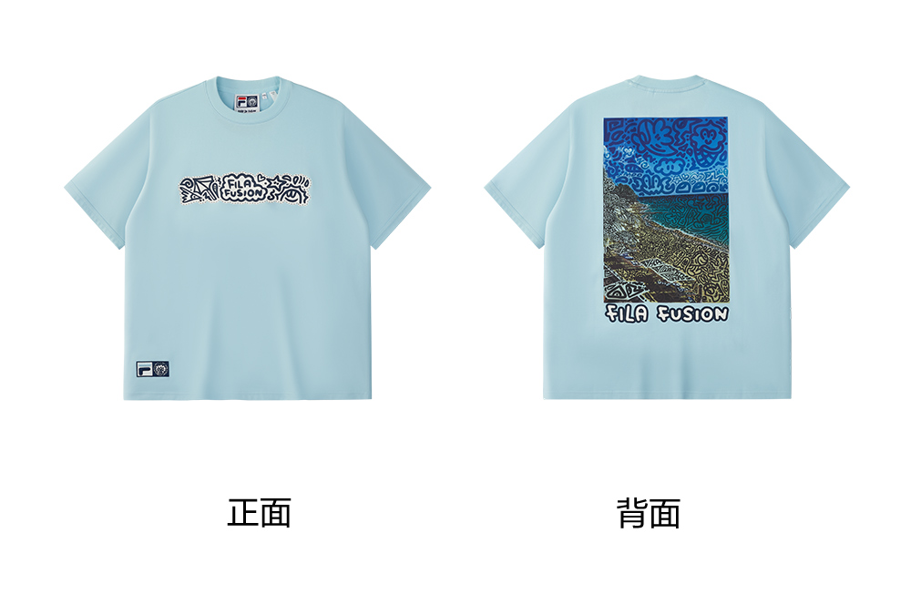 FILA FUSION  FUSION X MR DOODLE Unisex Short Sleeve T-shirt (Black / Light Blue / White)