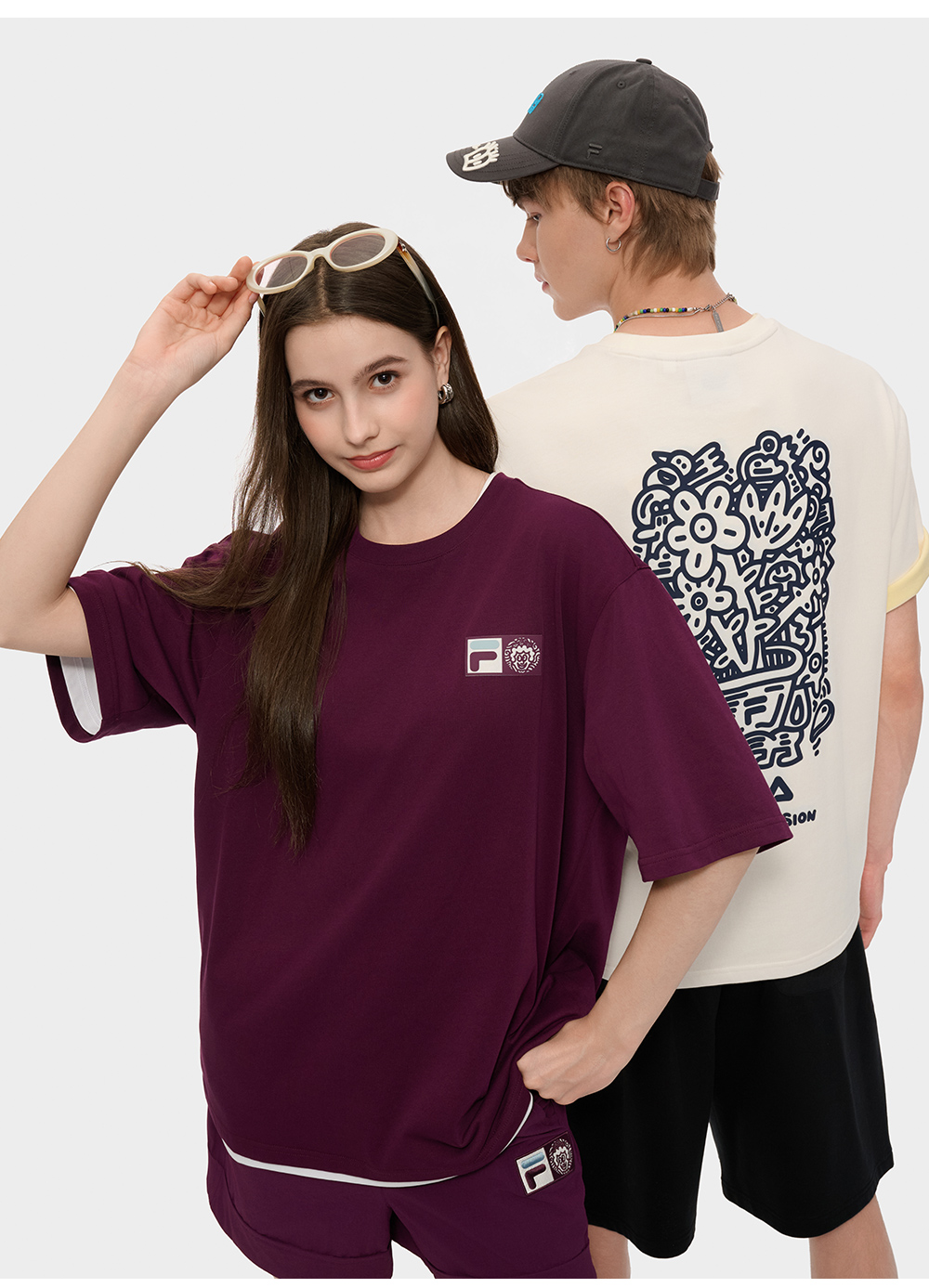 FILA FUSION  FUSION X MR DOODLE Unisex Short Sleeve T-shirt (Pink / Purple / White / Yellow)