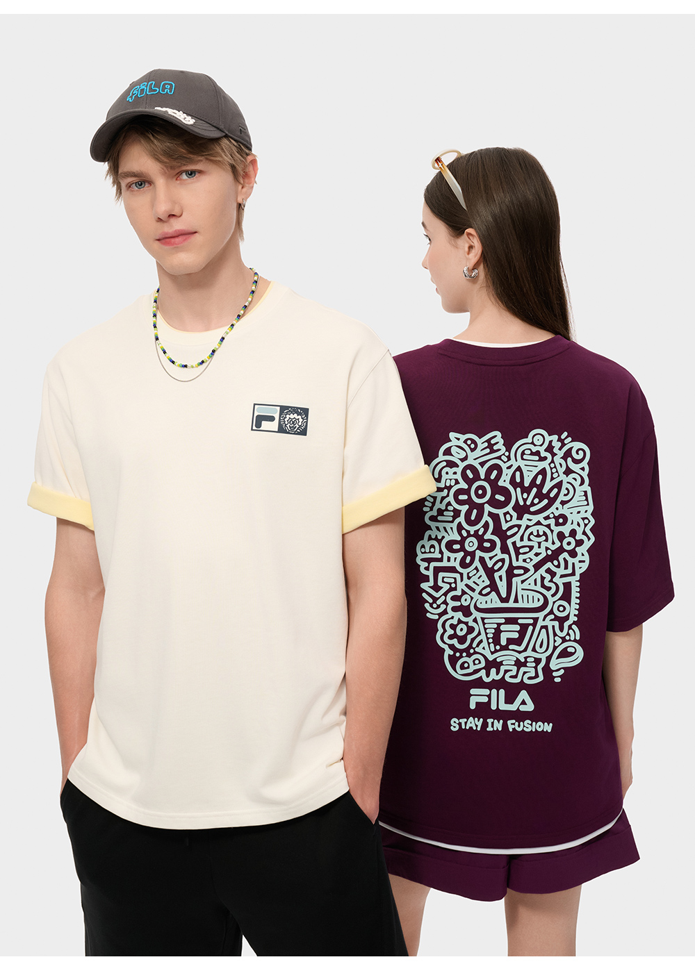 FILA FUSION  FUSION X MR DOODLE Unisex Short Sleeve T-shirt (Pink / Purple / White / Yellow)
