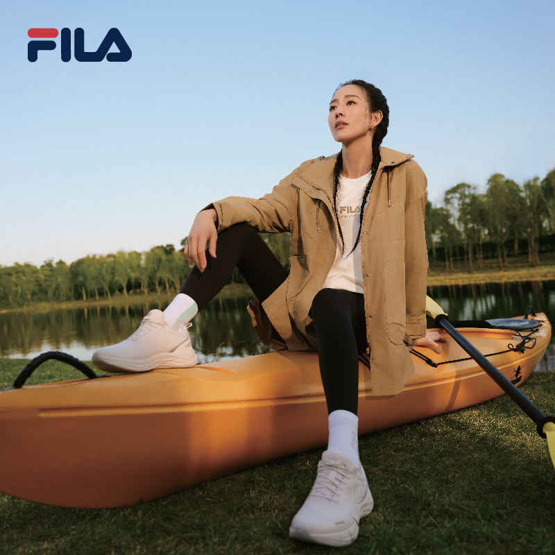 FILA CORE Women's DESERT ROAD-RV CAMPING ATHLETICS EXPLORE Woven Top in Beige