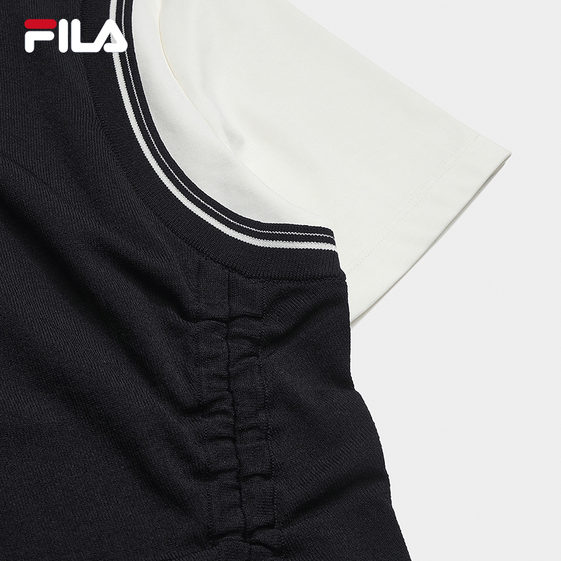 FILA CORE Women WHITE Knitted Short Sleeve Top NAVY