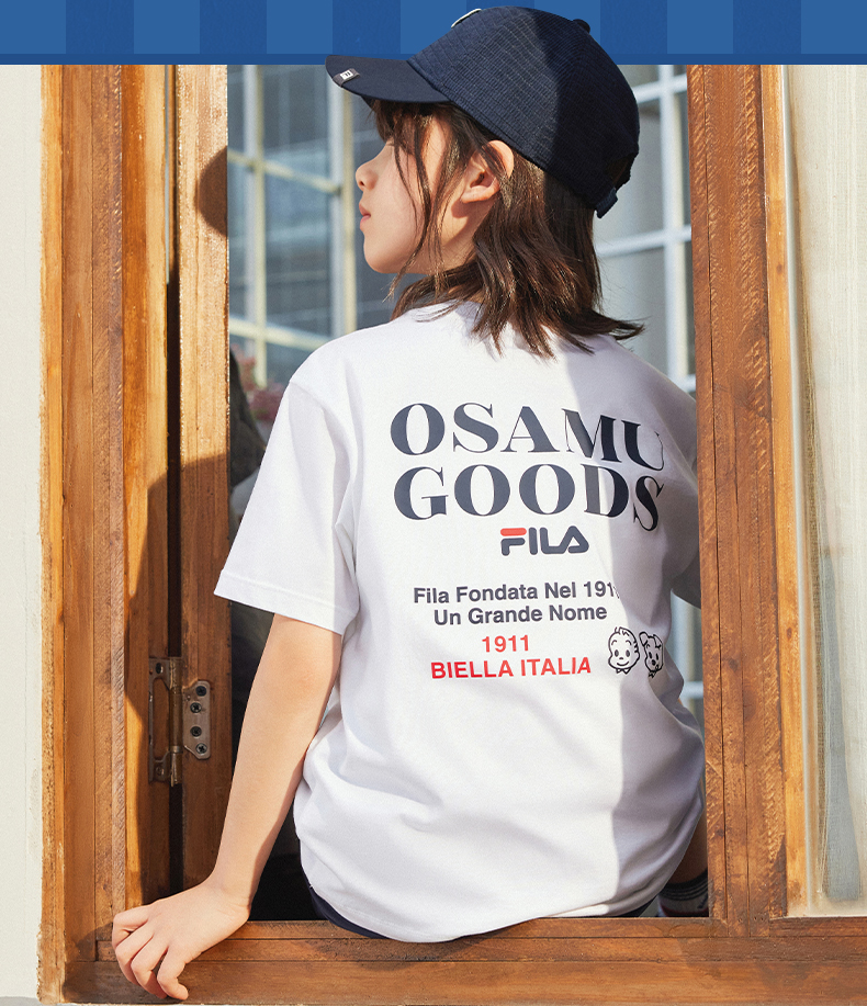 (130 - 170cm) FILA KIDS x OSAMU GOODS Boys Short Sleeve T-Shirt in White/Navy/Turquoise