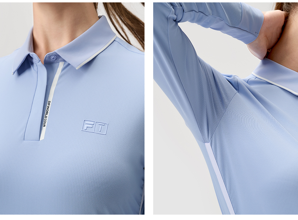 FILA CORE ATHLETICS GOLF (DP WORLD TOUR) Women Long Sleeve Polo (Light Blue / White)