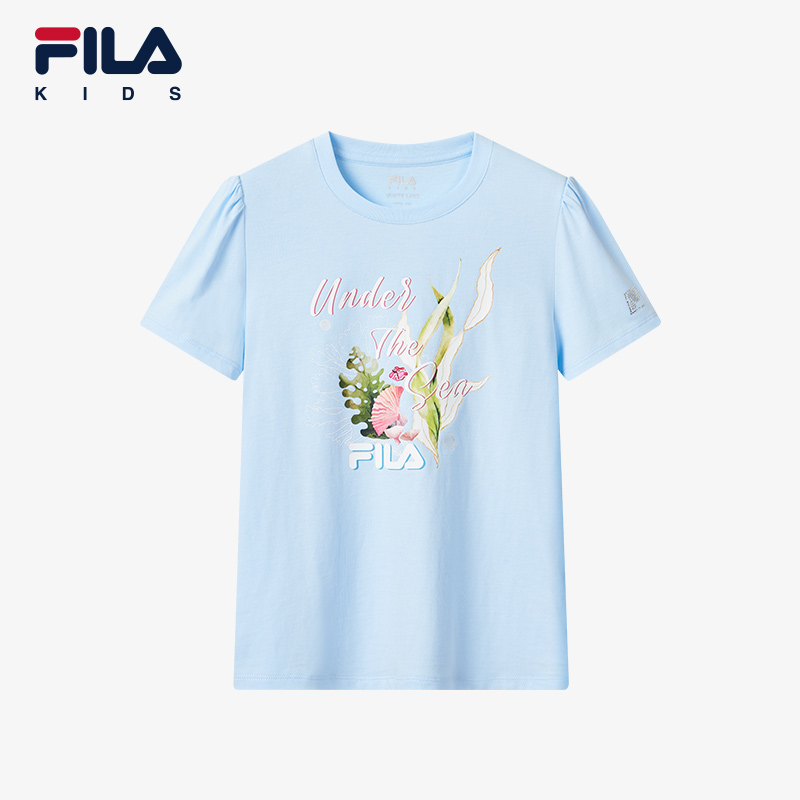 (130 - 165cm) FILA KIDS WHITE LINE Girl's Short Sleeve T-Shirt in Light Blue