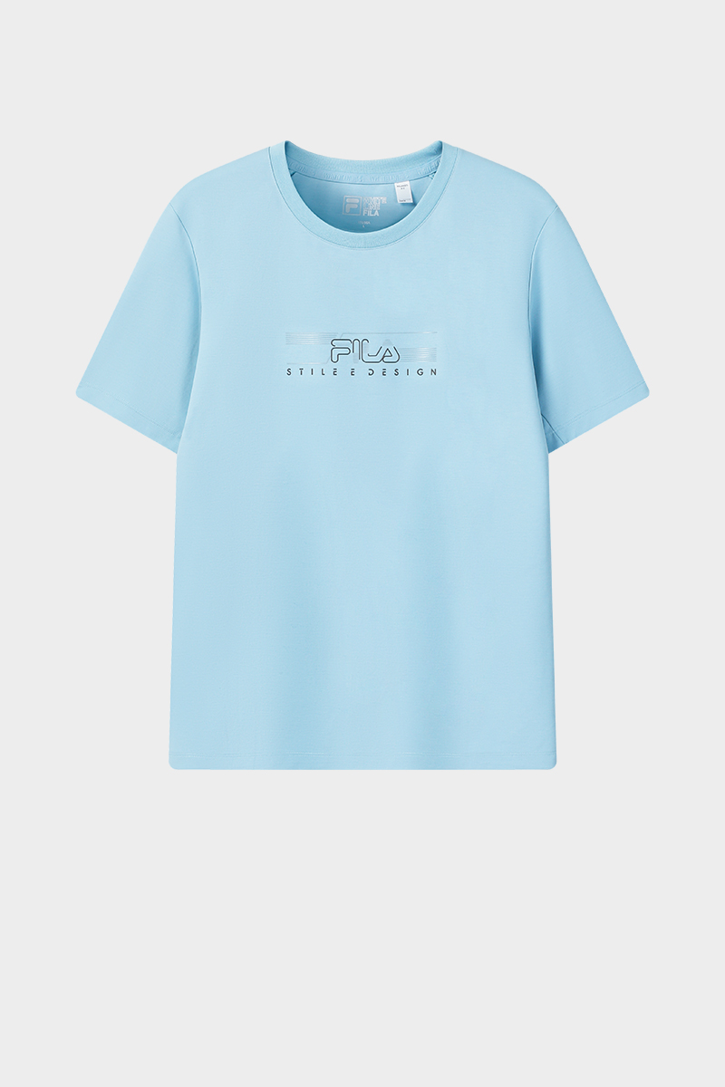FILA CORE Men WHITE Knitted Short Sleeve Top LIGHT BLUE