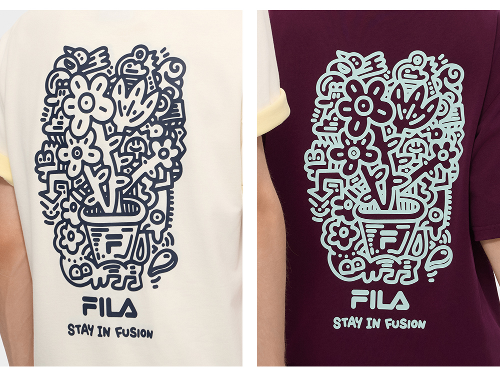 FILA FUSION  FUSION X MR DOODLE Unisex Short Sleeve T-shirt (Pink / Purple / White / Yellow)