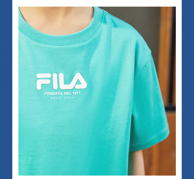 (130 - 170cm) FILA KIDS x OSAMU GOODS Boys Short Sleeve T-Shirt in White/Navy/Turquoise